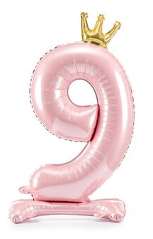 Folie ballon cijfer 9 roze met kroon 84cm