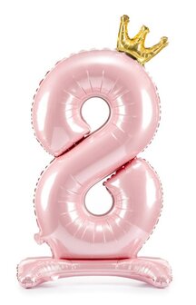 Folie ballon cijfer 8 roze met kroon 84cm