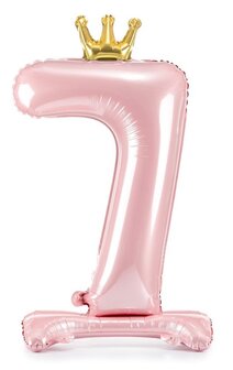 Folie ballon cijfer 7 roze met kroon 84cm