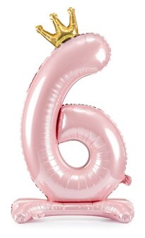 Folie ballon cijfer 6 roze met kroon 84cm