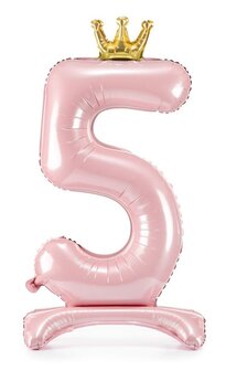 Folie ballon cijfer 5 roze met kroon 84cm