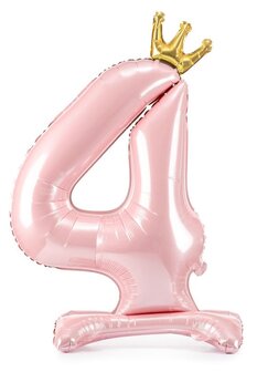 Folie ballon cijfer 4 roze met kroon 84cm