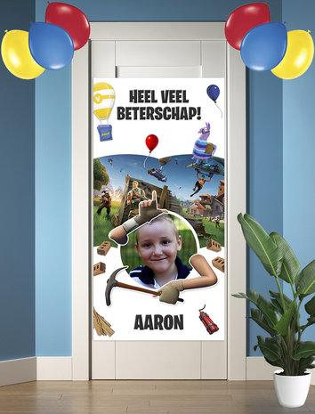 Gepersonaliseerde deurbanner Fortnite thema beterschap voorbeeld