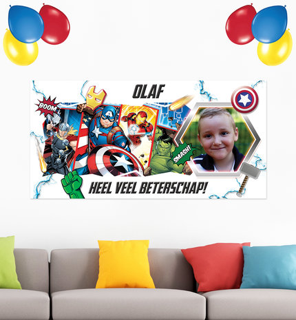 Gepersonaliseerde muurbanner The Avengers thema voorbeeld beterschap