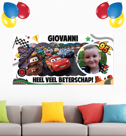 Gepersonaliseerde muurbanner Disney Cars thema beterschap voorbeeld