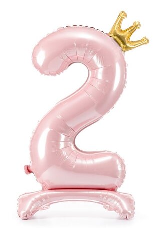 Folie ballon cijfer 2 roze met kroon 84cm