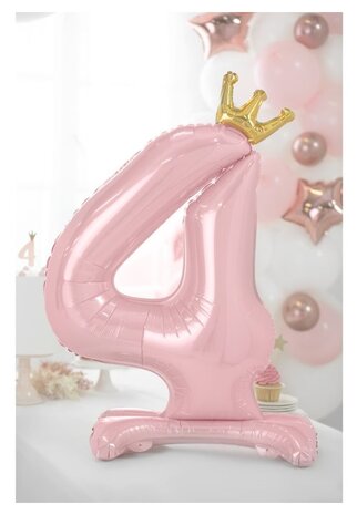 Folie tafel ballon cijfer 4 roze met kroon 84cm