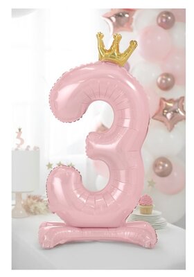 Folie tafel ballon cijfer 3 roze met kroon 84cm