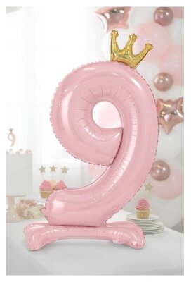 Folie tafel ballon cijfer 9 roze met kroon 84cm