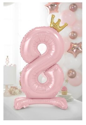 Folie tafel ballon cijfer 8 roze met kroon 84cm