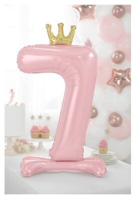 Folie tafel ballon cijfer 7 roze met kroon 84cm