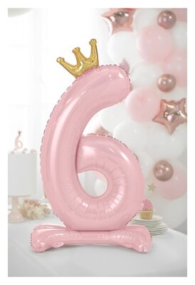 Folie tafel ballon cijfer 6 roze met kroon 84cm