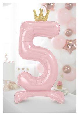 Folie tafel ballon cijfer 5 roze met kroon 84cm