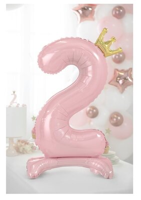 Folie tafel ballon cijfer 2 roze met kroon 84cm